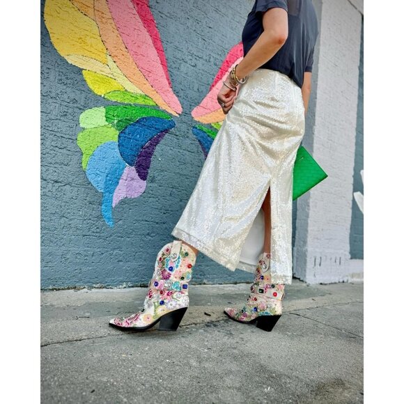 Baby Pink Multi Western Cowboy Boots Women Embroidered Rhinestone Mid Calf Heel - Picture 7 of 7